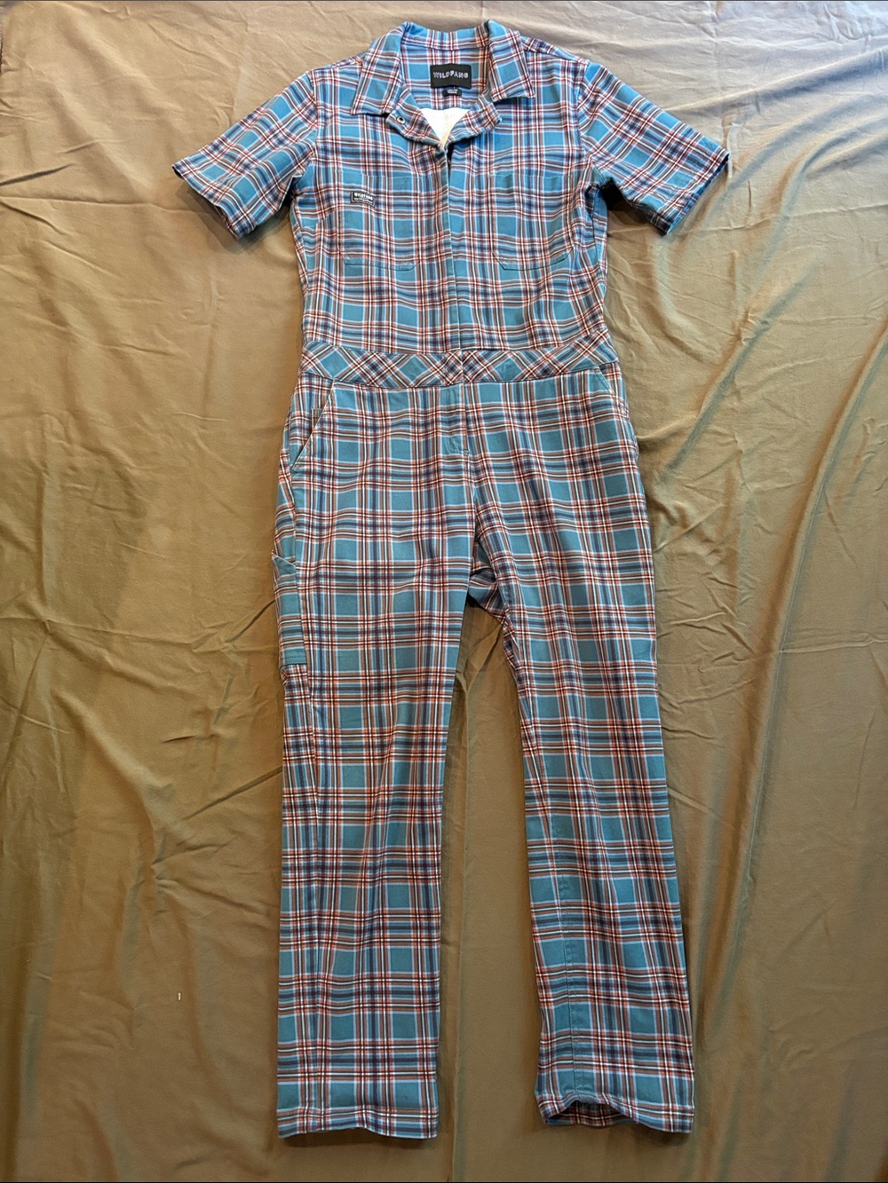 Wildfang Blue Plaid Short-Sleeve Jumpsuit